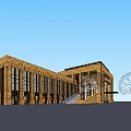 Modern Commercial Complex Building Exterior With Brick Red Facade Large Windows And Tower Structure