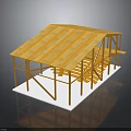 Wooden Building Frame Structure With Sloped Roof Support Beams And Staircase