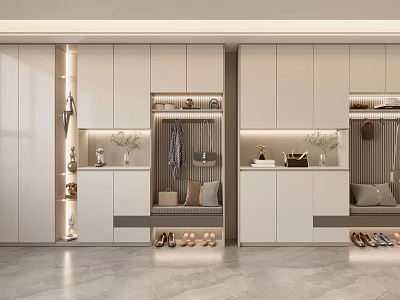Modern Shoe Cabinet Design with Seating Bench Storage Cabinets and Decorative Lighting 3d model