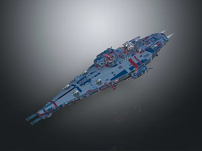 Futuristic Space Battleship 3D Model With Detailed Blue Red Structure And Lighting 3d model