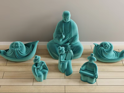 Green Ceramic Sculptures With Seated Figures And Various Poses On Wooden Floor 3d model