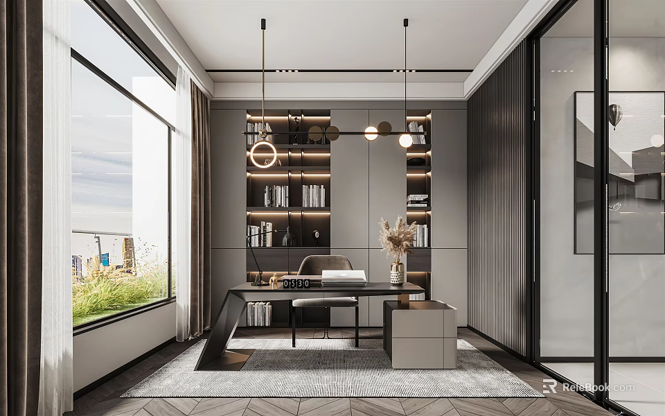 Modern Study Room Interior With Bookshelves Pendant Lights Desk And Large Windows Overlooking Greenery 3d model 