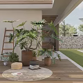 Lush Plant Combination with Large Green Plants Brown Pots and Wooden Ladder on Patio