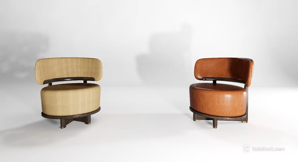 Modern Design Sofa Stools With Beige Brown Upholstery Curved Backrest Round Seat And Wooden Base 3d model 