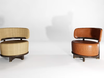 Modern Design Sofa Stools With Beige Brown Upholstery Curved Backrest Round Seat And Wooden Base 3d model