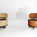 Modern Design Sofa Stools With Beige Brown Upholstery Curved Backrest Round Seat And Wooden Base