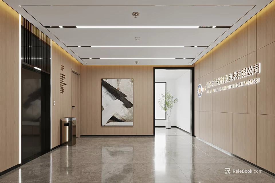Modern Elevator Lobby With Wooden Walls Artwork And Greenery 3d model 