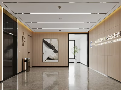 Modern Elevator Lobby With Wooden Walls Artwork And Greenery 3d model