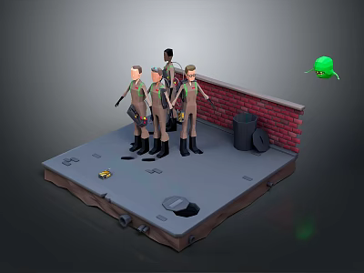 Group of Uniformed Characters by Red Brick Wall with Ground Props and Floating Green Sphere 3d model