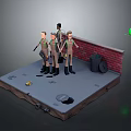 Group of Uniformed Characters by Red Brick Wall with Ground Props and Floating Green Sphere