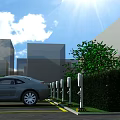 Parking Lot With Multiple Parked Cars Railing And Green Plants Near High Rise Buildings