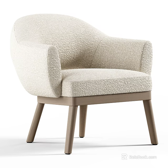 Modern Plush Beige Armchair With Rounded Armrests And Wooden Legs 3d model 