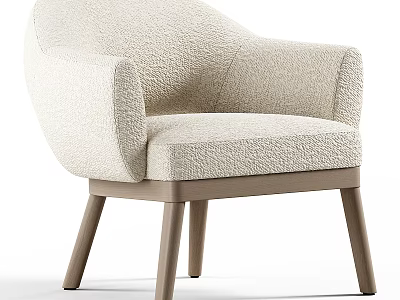 Modern Plush Beige Armchair With Rounded Armrests And Wooden Legs 3d model