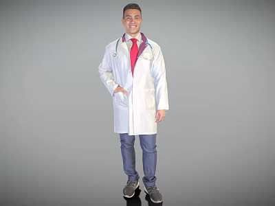 Man in White Coat With Stethoscope Red Tie Blue Pants Sneakers Against Gray Background 3d model