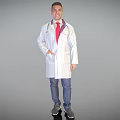 Man in White Coat With Stethoscope Red Tie Blue Pants Sneakers Against Gray Background