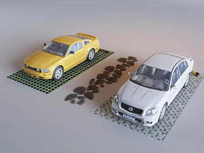 Parking Lot With Yellow And White Cars On Grid Patterned Ground And Stone Decorations 3d model
