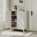 White Shoe Cabinet With Double Doors Shelves for Shoes and Decorative Vase on Top