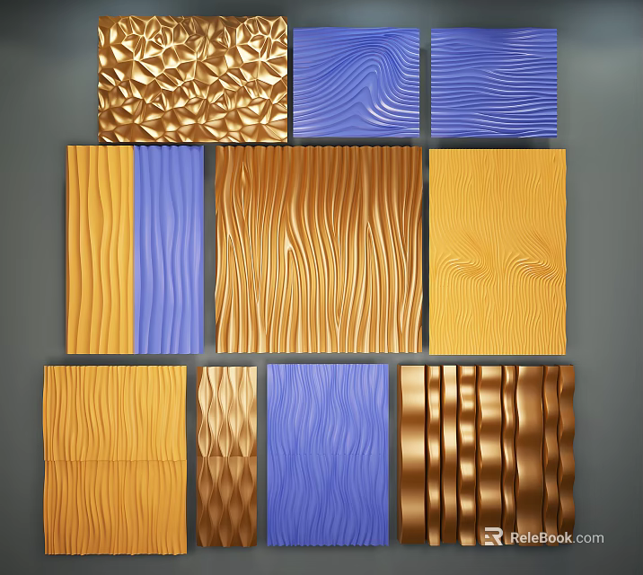 Textured Wall Panels In Gold Blue Orange With Wave And Diamond Patterns 3d model 