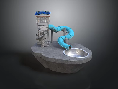 Colorful Water Slide Structure With Pool And Metal Tower On Concrete Base 3d model
