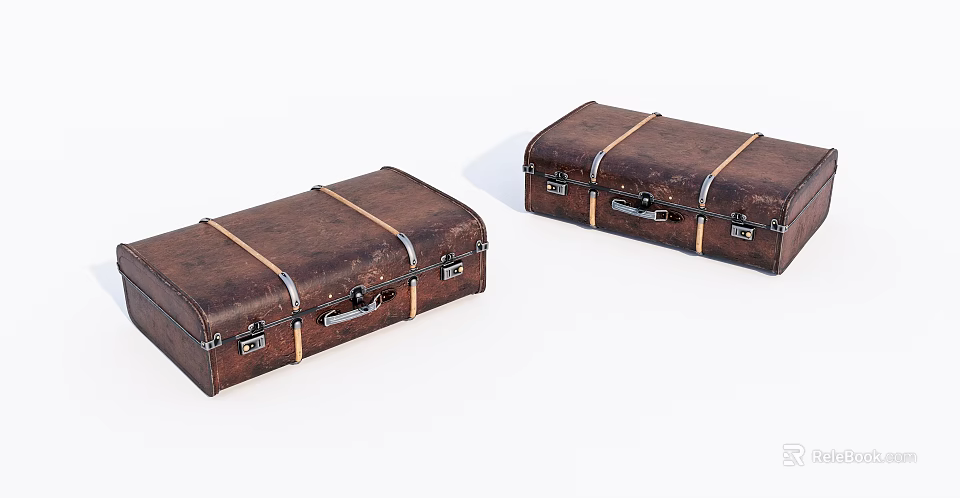 Two Vintage Brown Leather Suitcases with Metal Buckles and Straps on White Background 3d model 