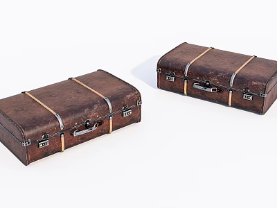 Two Vintage Brown Leather Suitcases with Metal Buckles and Straps on White Background 3d model
