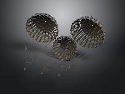 Three 3D Rendered Military Parachutes With Suspension Lines On Dark Background 3d model