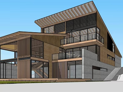 Modern Detached Villa With Wooden Facade Large Glass Windows And Balcony 3d model