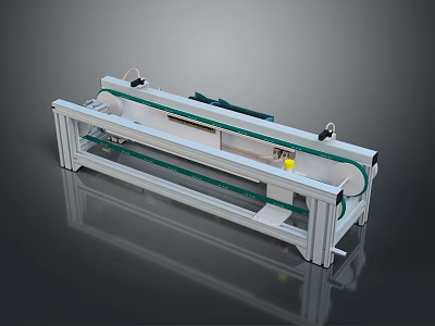 Mechanical Industrial Conveyor System With White Frame Green Belt And Yellow Control Components 3d model