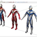 Three Ultraman Game Movie Characters In Red Blue White Suits With Green Chest Gems