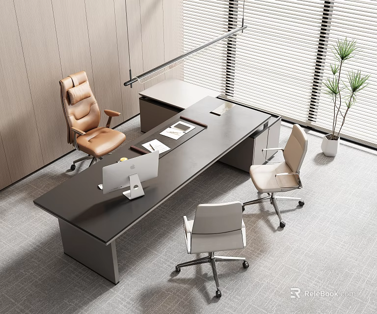 Modern Office Desk With Black Desktop Ergonomic Chairs Computer Monitor Potted Plant And Window Blinds 3d model 