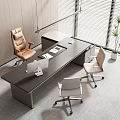 Modern Office Desk With Black Desktop Ergonomic Chairs Computer Monitor Potted Plant And Window Blinds