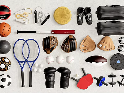 Essential Sports Equipment Collection With Basketballs Footballs Tennis Rackets And Training Gear 3d model
