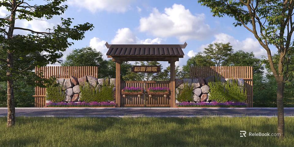 Traditional Wooden Entrance Gate With Chinese-Style Roof Stone Walls Green Plants And Purple Flowers 3d model 