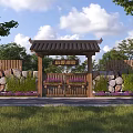 Traditional Wooden Entrance Gate With Chinese-Style Roof Stone Walls Green Plants And Purple Flowers