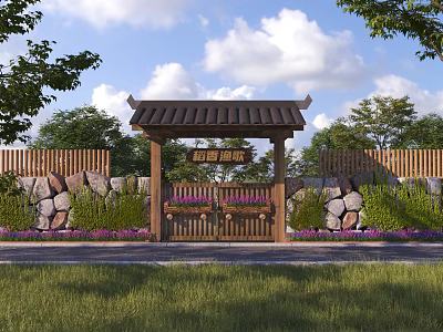 Traditional Wooden Entrance Gate With Chinese-Style Roof Stone Walls Green Plants And Purple Flowers 3d model