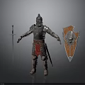 Man in Medieval Armor Standing with Sword and Decorative Lion Shield 3d model