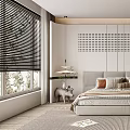 Modern Minimalist Bedroom Interior With Blinds Wooden Flooring Rug And Grid Wall Decor