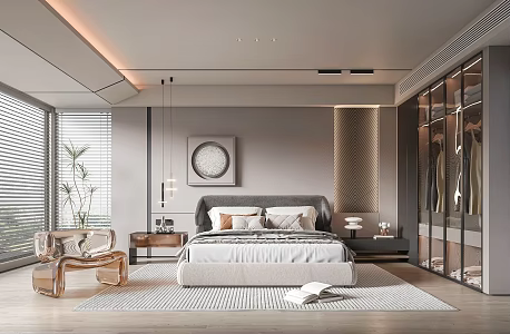 Modern Bedroom Bed Double Bedside Table Chandelier Ornament Wardrobe Decoration Sculpture Plant 3d model