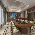 Elegant Meeting Room Interior Design With Long Wooden Table Striped Chairs And Bookshelves
