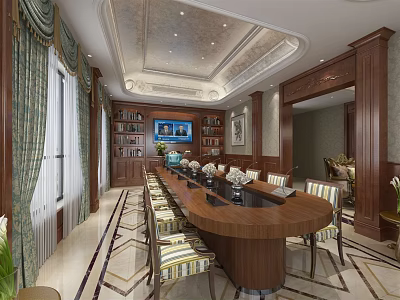 Elegant Meeting Room Interior Design With Long Wooden Table Striped Chairs And Bookshelves 3d model