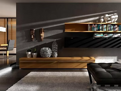 Modern Wooden TV Stand In Living Room With Decorative Items Wall Masks And Open Bookshelf 3d model