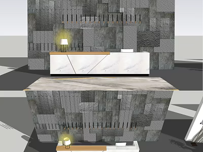 Elegant Reception Desk With Marble Top Gray Stone Wall And Table Lamp 3d model