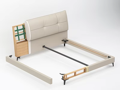Modern Minimalist Double Bed with Button Tufted Upholstered Headboard Wooden Frame and Black Metal Legs 3d model
