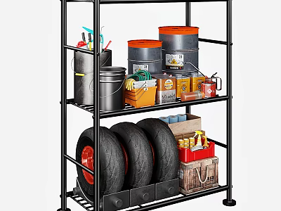 Black Metal Shelving Unit With Tires Buckets Tools And Storage Boxes 3d model