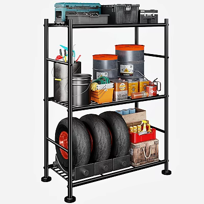 Black Metal Shelving Unit With Tires Buckets Tools And Storage Boxes 3d model