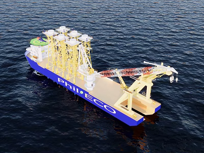 PHILJECCO Offshore Work Vessel With Yellow Structures And Crane On Open Sea 3d model