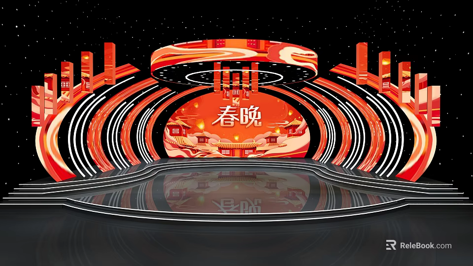 Traditional Spring Festival Gala Stage with Red Gold Traditional Elements and Circular Lighting Design 3d model 