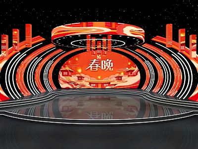 Traditional Spring Festival Gala Stage with Red Gold Traditional Elements and Circular Lighting Design 3d model