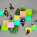 Colorful Landscape Seats With People Relaxing And Green Plants In Public Area
