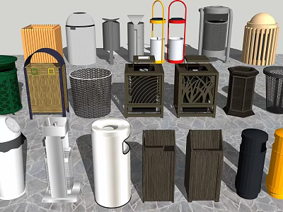 Various Public Trash Can Designs With Different Materials And Styles For Public Areas 3d model